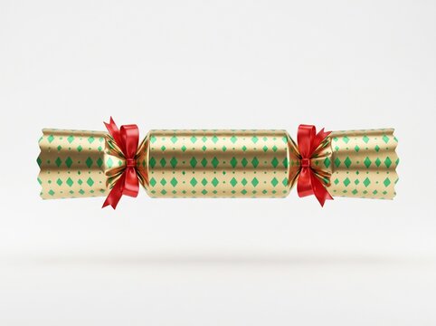 Decorative festive christmas cracker with gold wrapping paper and bright red ribbon bows for holiday season