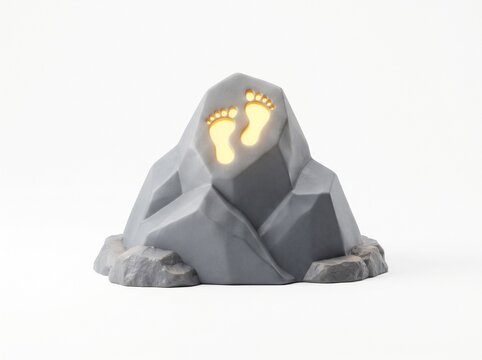A grey stone rock with a glowing pair of human footprints carved into the surface in a modern abstract style