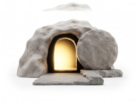 Open stone tomb with a bright glowing light inside showing a holy resurrection scene for religious holiday