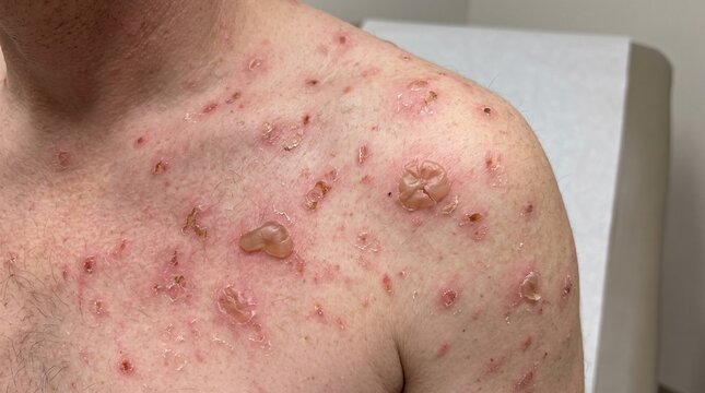 Realistic Clinical Close Up of Pemphigus Foliaceus with Crusted Erythematous Superficial Skin Lesions