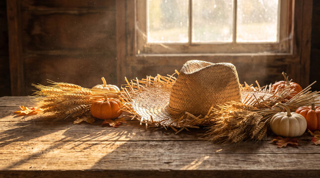 Harvest Season Still Life with Straw Hat, Wheat Ears, and Pumpkins on Wooden Table in Rustic Barn