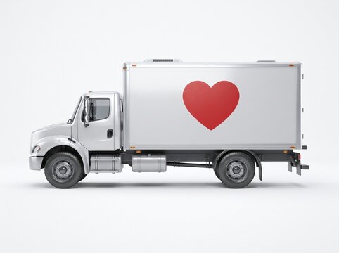 White delivery truck with a big red heart icon symbol on the side for charity transport and kindness service