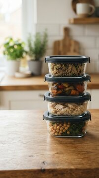 A beautifully curated stack of glass meal prep containers featuring nutritious grains roasted vegetables tender chicken and fresh chickpeas on a rustic table