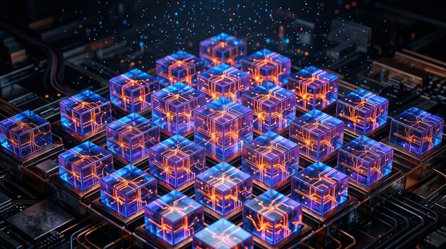 Abstract digital cubes with glowing orange and blue circuit lines floating on a dark black electronic board