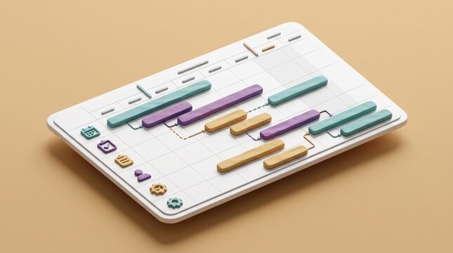 Isometric project timeline chart on a digital tablet screen showing task progress bars and management icons