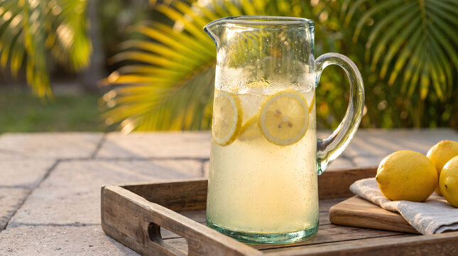 Refreshing homemade lemonade in a clear glass pitcher with fresh lemon slices and ice, served outdoors on a sunny day, evoking a vibrant summer feeling