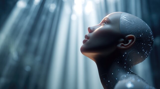 Ethereal Being in Light Rays: A futuristic, bald human with intricate cranial details looks upwards into a cascade of dramatic light rays, exuding a sense of wonder and advanced technology.