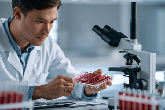 Engineer inspecting a transparent lung-on-chip device