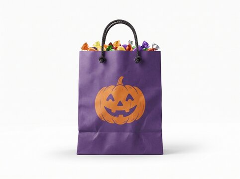 Purple paper gift bag with an orange pumpkin face print filled with colorful sweet candy for halloween party