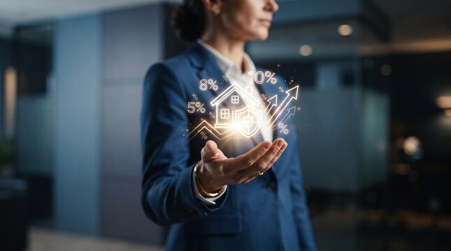 Business woman holding a glowing digital house icon with rising percentage rates on a dark professional background