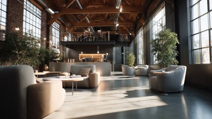 Fototapeta premium Industrial Loft Lounge: A sun-drenched industrial loft space featuring exposed brick, wooden beams, and large windows, furnished with comfortable seating and lush potted plants.