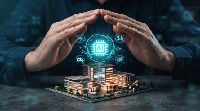 Human hands protecting a digital microchip and smart city model with futuristic glowing blue technology icons