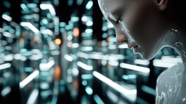 Cybernetic Melancholy: A close-up portrait of a poignant android with downcast eyes, set against a dazzling, abstract cityscape of neon lights and futuristic architecture.