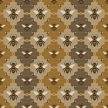 The continuous printed fabric pattern, with a theme of bees and flowers, evokes a warm, classic, and natural feeling. The background uses hexagonal honeycomb shapes in a golden yellow tone.
