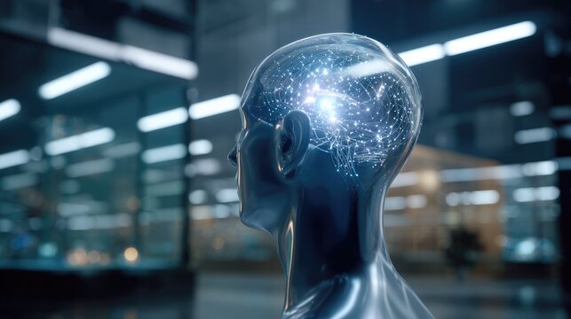 The Mind's Eye: A futuristic, transparent human head reveals a glowing, intricate network of neurons and synapses, representing the complexity of thought and artificial intelligence.