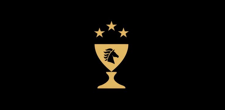 Yellow shield emblem with black horse head silhouette and stars, team logo or esports badge on black background