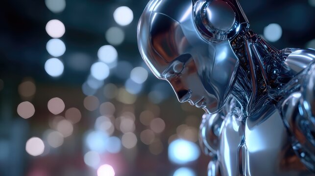 Robotic introspection: A gleaming chrome robot with intricate internal mechanics gazes downwards in a moment of contemplative pause, set against a softly blurred, illuminated background.