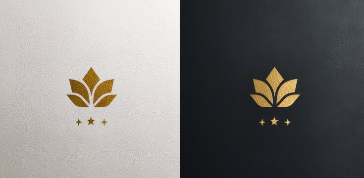 Elegant gold lotus or leaf logo with three stars on light and dark backgrounds, luxury spa wellness brand identity