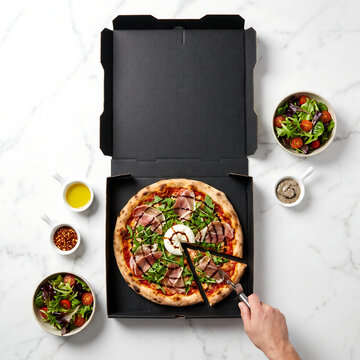 Overhead flat lay of gourmet prosciutto pizza in black delivery box with salads on marble table
