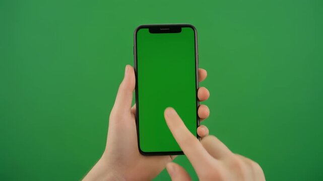 Hand touching a green screen smartphone with cinematic motion during a digital interaction
