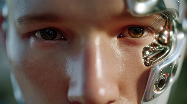 Cyborg's Gaze: A close-up of a human eye, intensely focused, with intricate metallic cybernetic enhancements merging with the skin, hinting at a futuristic fusion of man and machine.