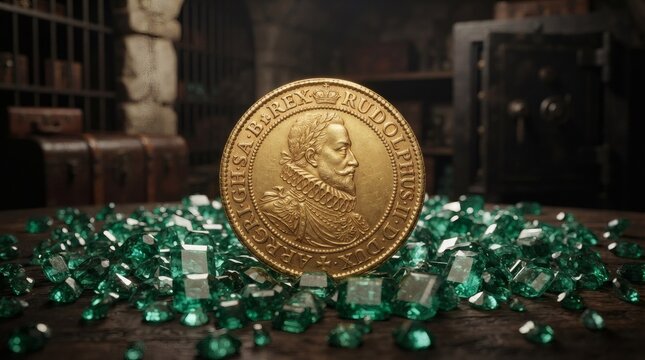 Ancient golden coin standing proudly amid a large pile of sparkling green gems inside a dark medieval vault showcasing timeless wealth and historical treasure discovered deep underground