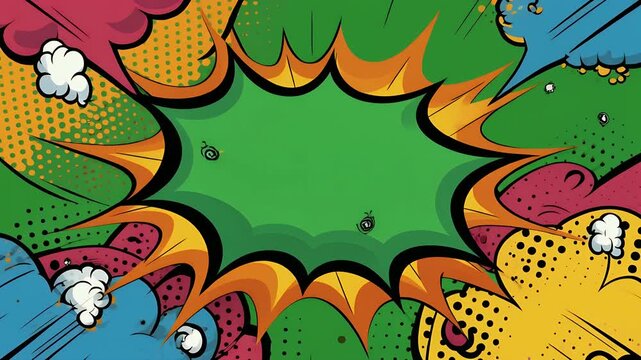 A vibrant green comic book-style background with explosive shapes and halftone dots.