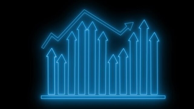 Neon-style glowing graph bar chart with upward-pointing arrow animation