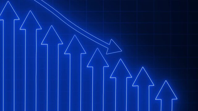 Neon-style glowing line graph background showing descending upward arrows animation