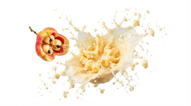 Fresh ackee fruit pod and juice splash on white background