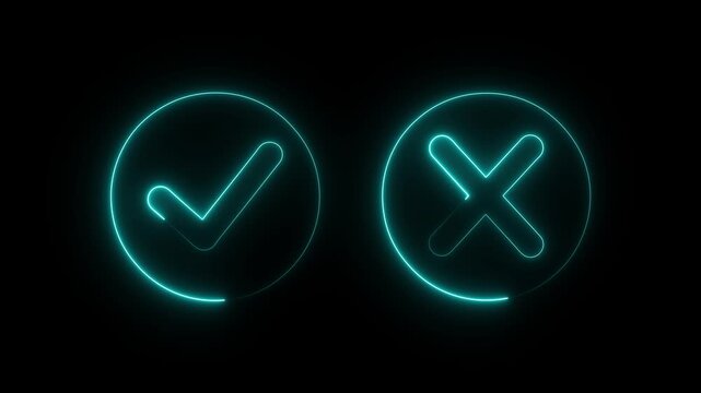 glowing neon Tick or check mark icon on Black Background . right and wrong animated neon icons, False and true. Correct and incorrect, "Minimal neon Check Mark and Cross Icon in Circle