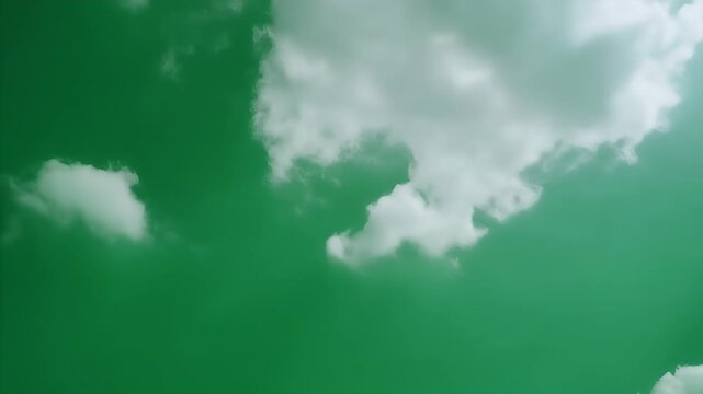 Fluffy white clouds drift across a vibrant green sky.