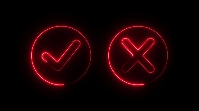 glowing neon Tick or check mark icon on Black Background . right and wrong animated neon icons, False and true. Correct and incorrect, "Minimal neon Check Mark and Cross Icon in Circle