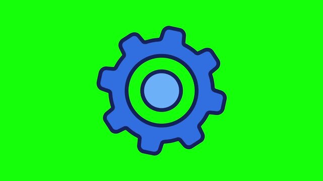 Blue gear cog setting icon rotates continuously on a bright green screen background