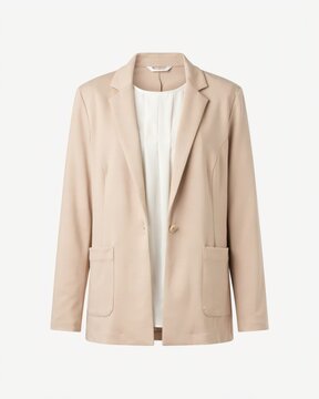Women's beige casual blazer jacket layered over white top