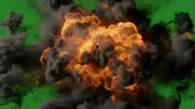 Intense fiery explosion with black smoke against a green screen.