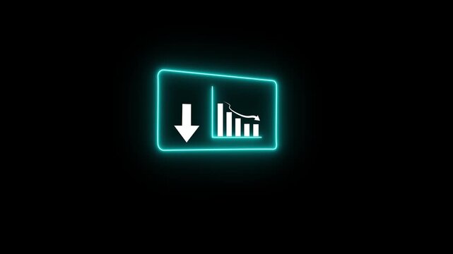 glowing neon Downward Trend Bar Chart Icon Animation with Falling Arrow, Business Loss Analytics, Financial Decline, Market Crash, Statistics, Data Visualization animation 4k video