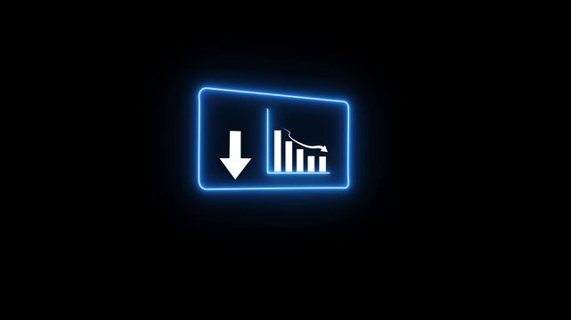 glowing neon Downward Trend Bar Chart Icon Animation with Falling Arrow, Business Loss Analytics, Financial Decline, Market Crash, Statistics, Data Visualization animation 4k video