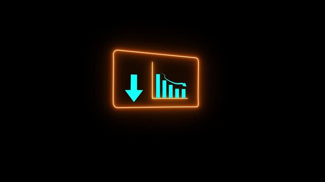 glowing neon Downward Trend Bar Chart Icon Animation with Falling Arrow, Business Loss Analytics, Financial Decline, Market Crash, Statistics, Data Visualization animation 4k video
