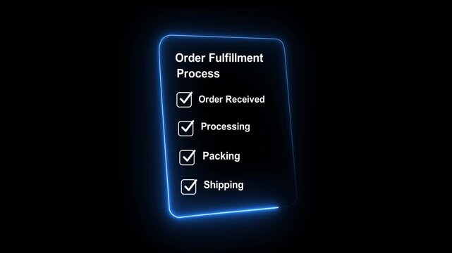glowing neon Order fulfillment process shown smartphone warehouse with stacked cardboard boxes for supply chain logistic delivery packaging fragile smart black background. animation 4k video