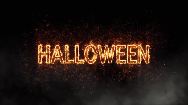 The word Halloween written in fiery letters on a black background with smoke.