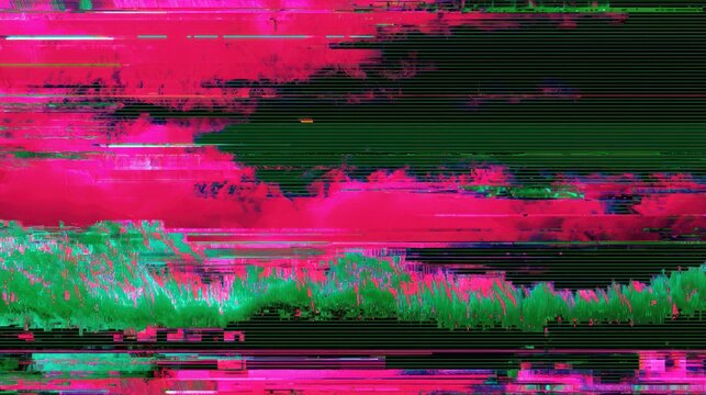 Vibrant pink and green glitch art with horizontal lines abstract background