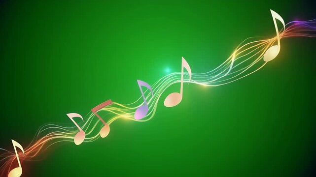 Musical notes flow across a vibrant green background with glowing light trails.