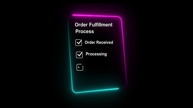 glowing neon Order fulfillment process shown smartphone warehouse with stacked cardboard boxes for supply chain logistic delivery packaging fragile smart black background. animation 4k video