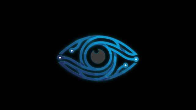 Abstract futuristic eye logo with glowing blue lines and circuit patterns on black background, digital animation