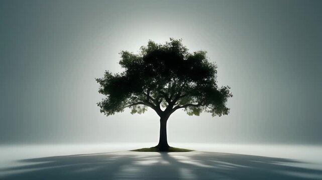A solitary tree stands silhouetted against a bright, misty background.
