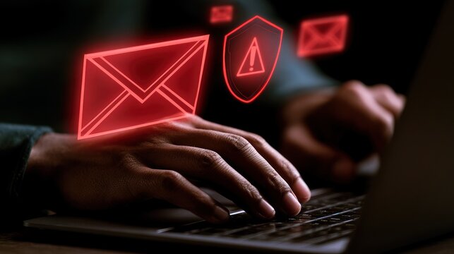 Digital danger hands typing on laptop with glowing red email and security alert icons