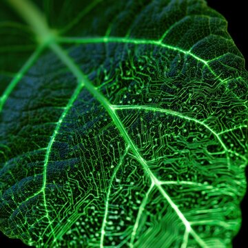 Macro close up of a green leaf with integrated circuit patterns glowing neon green
