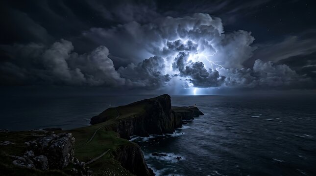 Dramatic lightning storm over dark ocean cliffs at night