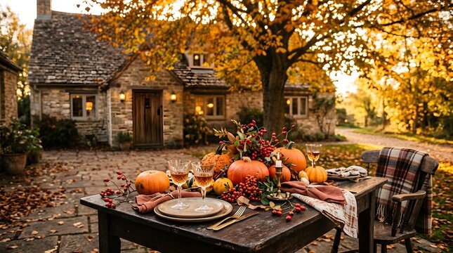 Autumn table setting with pumpkins and berries at a cozy stone cottage garden
